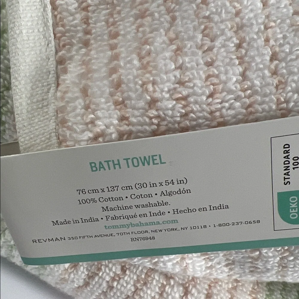 Tommy Bahama Bath Towels Pink Green White Striped Plush Cotton Set of 2 NEW
